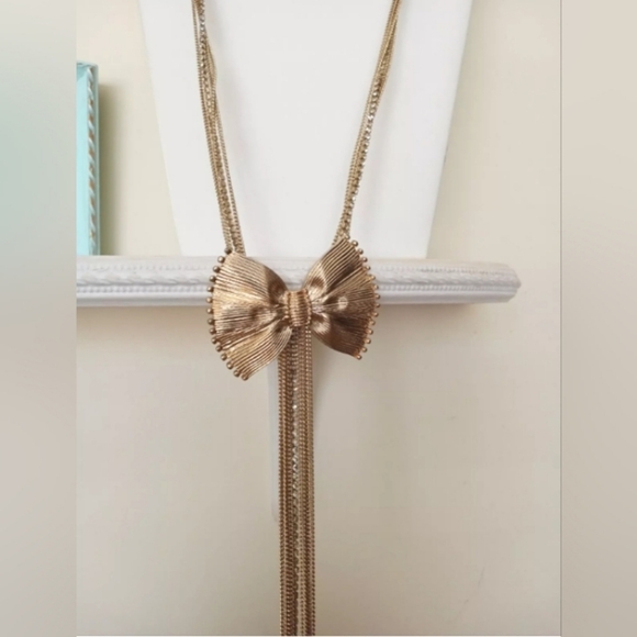  Bow Necklace w/ Rhinestones And Chain Fringe Goldtone Long 30 Inch Chain - Picture 1 of 6
